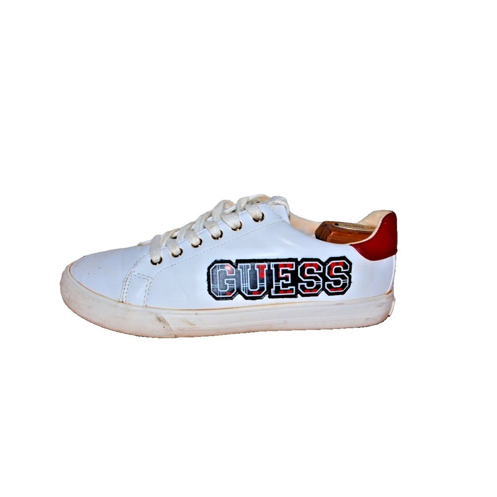 Guess Womens Size 7.5 White Faux Leather Lace-Up SneakersDesigner Spell Out Logo